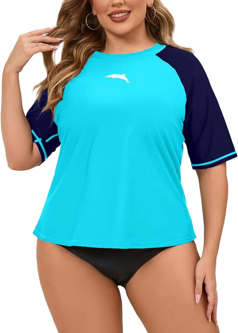 Halcurt Women's Plus Size Rash Guard Short Sleeve Swim Shirts Loose Fit UPF50+ Sun Protection Swimsuit Top Only (3X, Light Blue)