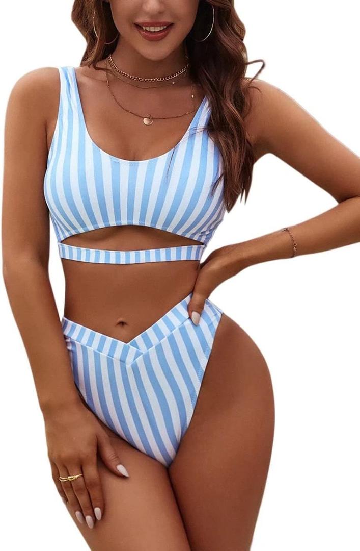 Blooming Jelly Womens Cheeky High Cut Bikini Set Cutout High Waisted Swimsuits Backless 2 Piece Bathing Suits (Medium, Blue & White Striped)