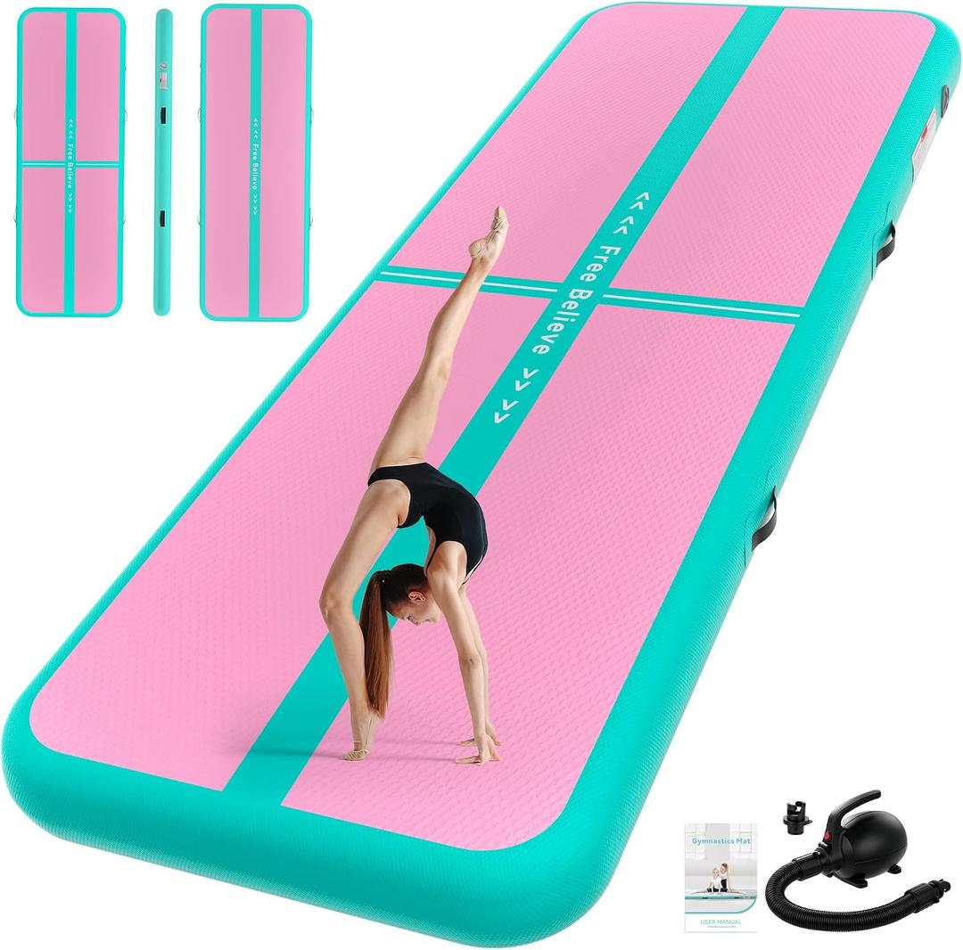 FINCOME Inflatable Gymnastics Air Mat Tumble Track Mats for Home with Pump | 13ft Tumbling Mat for Training Cheerleading Yoga Home Thick Air Mat Indoor Outdoor Waterproof Durable PVC, Green Pink, 13ft*3.3ft*4inches(4m*1m*0.1m)