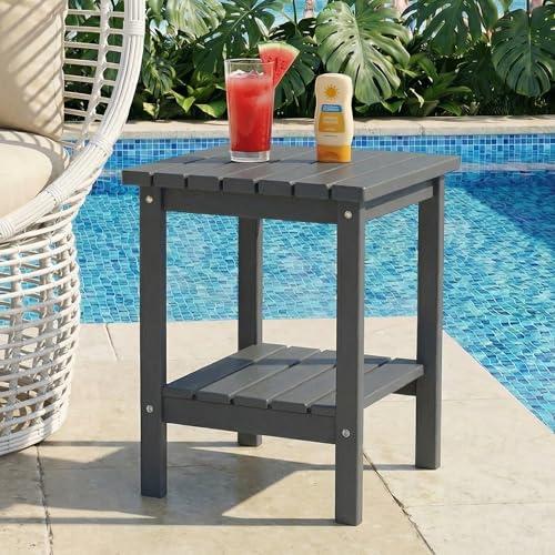 PASAMIC 2-Tier Adirondack Square Outdoor Side Table, HDPE Small Outdoor Table, Patio End Table for Patio, Pool, Backyard, Weather-Resistant (Grey)