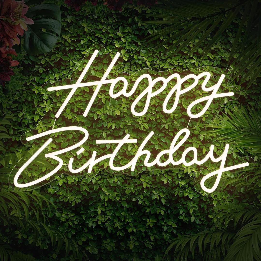 Happy Birthday Neon Sign, 16 x 13in LED Light Up Sign for Backdrop Party Wall Decor, Reusable Decoration With Dimmer 9 Level Adjustable Brightness, Warm-White M (M - 16" x 13", White)