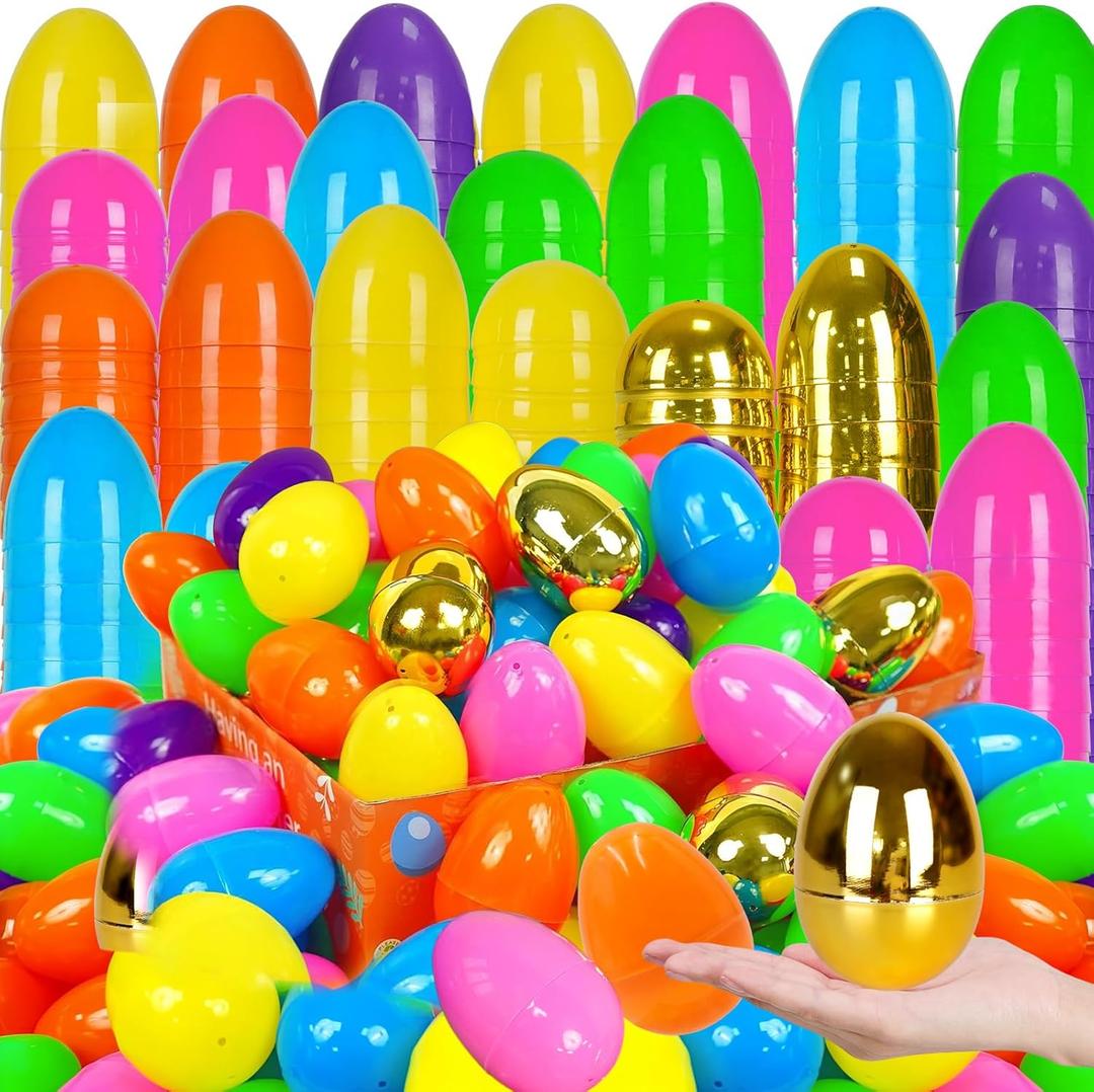 200 PCS Easter EggsPlastic 3" Bright Colorful Eggs with Golden Eggs, Easter Egg Fillers for Easter Egg Hunt, Candy Filling, Party Decorations and Kids Gifts