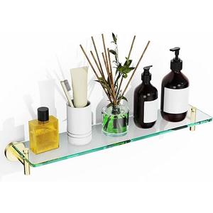 20 Inches Glass Shelves for Bathroom, Brushed Gold Floating Glass Shelf Stainless Steel Tempered Glass Bathroom Shelves for Wall Mount Modern