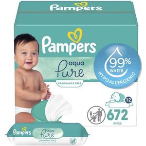 Pampers Baby Wipes Aqua Pure, 99% water-based wipes, Hypoallergenic and Unscented Baby Wipes, 672 Wipes Total (12 Flip-Top Packs)