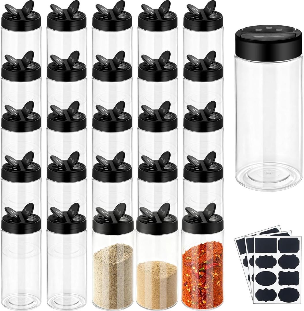 24 Pack 16 Oz Plastic Spice Jars Bottles Empty Seasoning Bottles Containers Small Clear Spice Shaker and Stickers with Black Cap for Storing Spices, Salt, Herbs