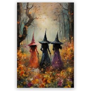 Vintage Halloween Wall Art Print Magical Beautiful Enchanting Witches In The Woods Canvas Poster Witch Decor Vintage Room Decor for Home Living Room Aesthetic 24x36inch Unframed