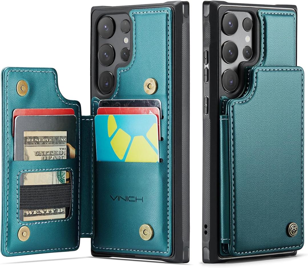 Vinich for Samsung Galaxy S24 Ultra Wallet Case with Card Holder, RFID Blocking Credit Slots Kickstand Shockproof Phone Cover Fit for Galaxy S24 Ultra 6.8" Bluish Green