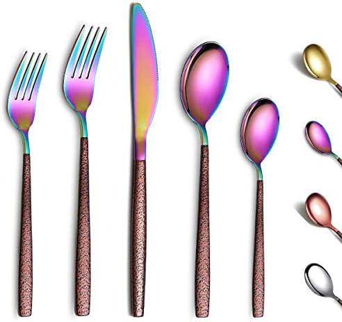 Amazon.com | Berglander Silverware Set 20 Pieces With Moon Surface Handle And Shiny Rainbow Mouth Titanium Plating, Stainless Steel Modern Rainbow Flatware Set Utensils Set Colorful Cutlery Set Service For 4: Serving Sets