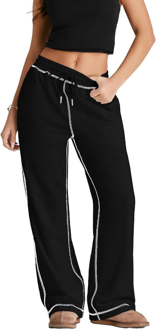 Herseas High Waisted Sweatpants for Women 2025 Fall Wide Leg Contrast Stitching Drawstring Loose Lounge Jogging Pants (Black, XXL)