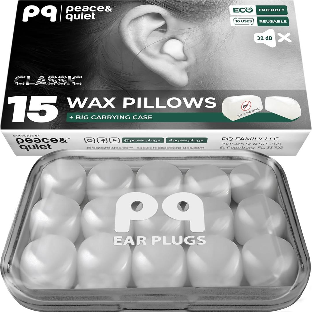 PQ Wax Ear Plugs for Sleeping, Swimming - 15 Soft Noise Cancelling Silicone Gel Wax Earplugs for Sleep and Swimmers, Ear Protection with Sound Blocking Level of 32 Db, (15-Pillows), Color: White