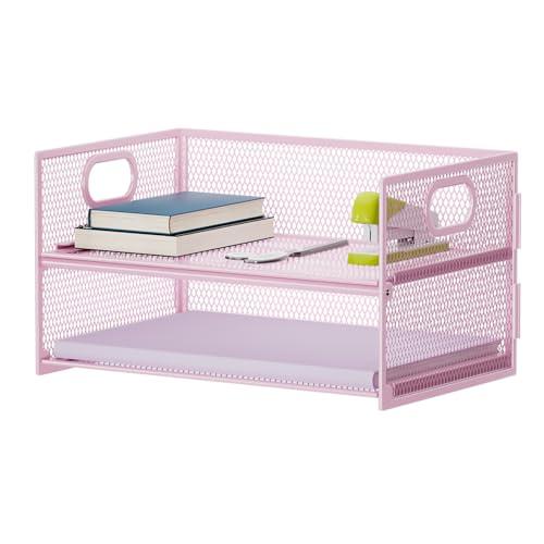 Marbrasse 2 Tier Paper Organizer Letter Tray, Mesh File Organizer with Handle, Paper Sorter Desk Organizer for Home Office Supplies - Pink