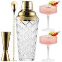 Cocktail Shaker Set with Coupe Glasses – 5-Piece Gift Set Includes Pineapple Glass Shaker with Gold Lid, Jigger, Bar Spoon & 2 Ribbed Gold-Rimmed Glasses – Bartender Kit for Home Bar