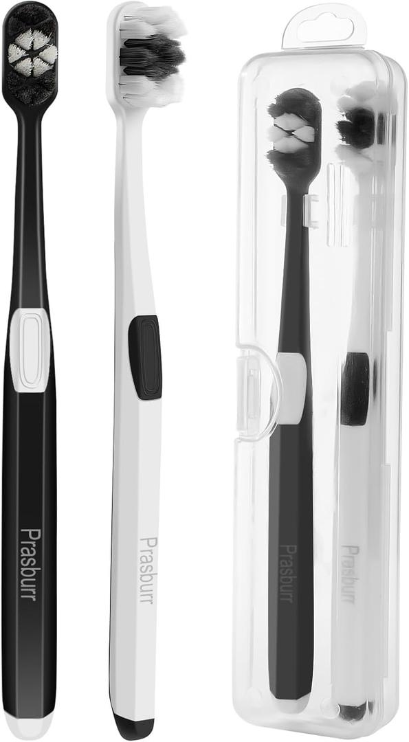 Travel Toothbrush, Extra Soft Toothbrushes for Adults, New 10k Micro Fine Nano Bristles for Sensitive Gums, Packed in Portable Case, Travel Toothbrush - Pack of 2 (Black and White)