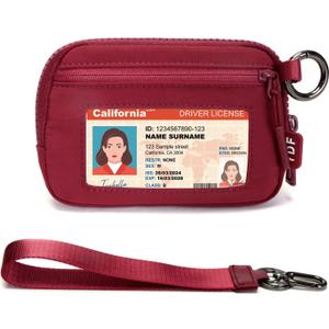 Keychain Wallet for Women Mini Zip Card Holder with ID Window Coin Purse Detachable Wristlet Small Wallets Burgundy