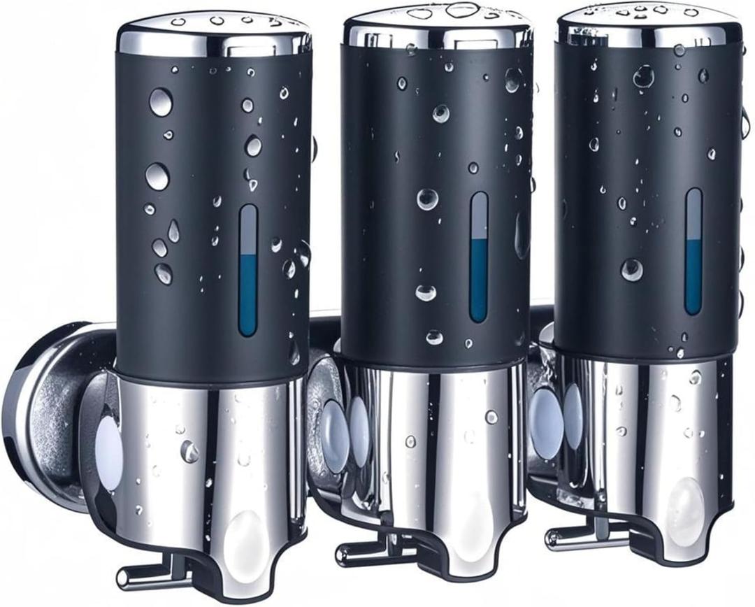 Black Wall Mounted Soap Dispenser for Shower, No Drilled WELLUP Shampoo Dispensers, 3-in-1 Chamber Bathroom Shower Soap Dispenser for Kitchen Bathroom, Matte Black