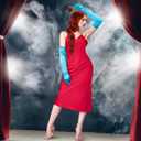 3 Pcs Halloween Rabbit Costume for Women Include Red Wig Blue Long Gloves Red Rose for Women Dress Cosplay Party