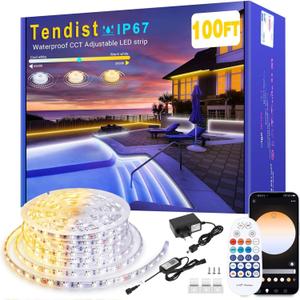 Outdoor LED Strip Lights Waterproof IP67, Dimmable 3000K-6500K Warm White LED Rope Lights Outdoor Waterproof with Remote & APP, 24v Adhesive Exterior Lighting for Patio, Deck, Gazebo (100FT)