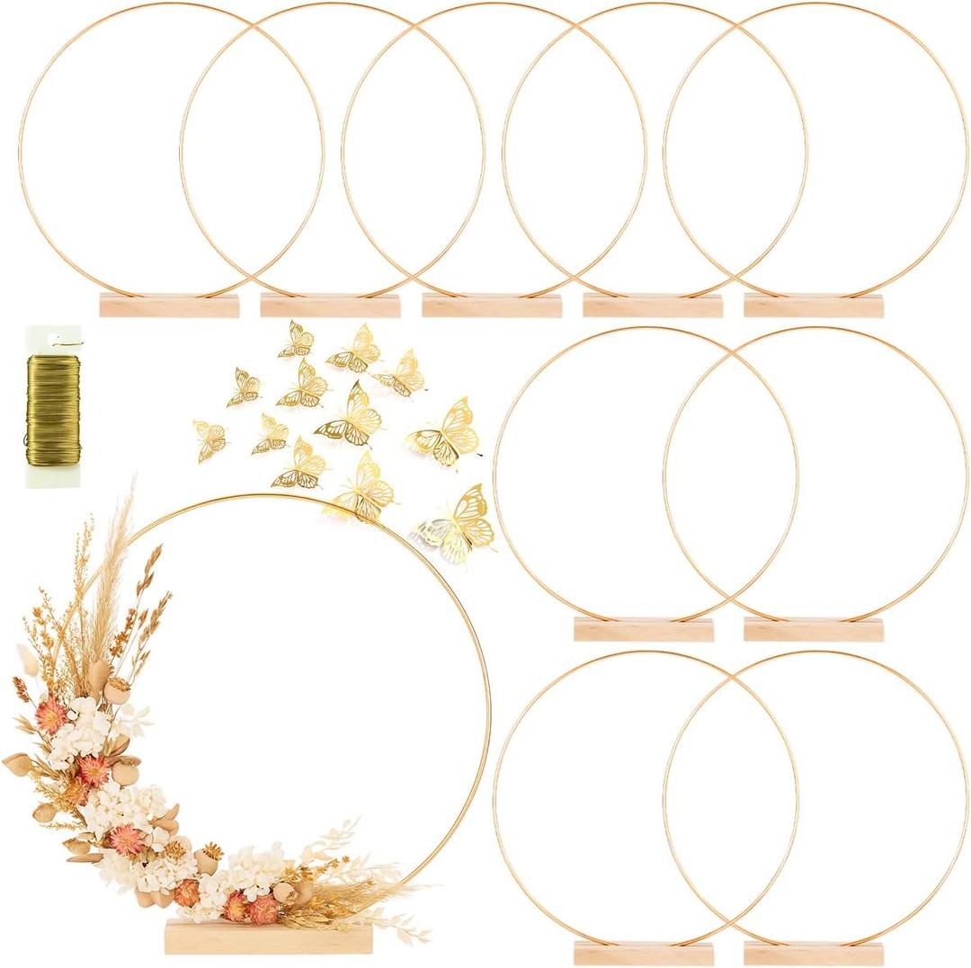 10 Pack Floral Hoop with Stand and 38-Yard Paddle Wire 16 Inch Metal Rings for DIY Centerpiece Table Decorations Crafts Macrame Rings Hoop Wreath Dream Catcher Rings Wedding Christmas Wreaths, Gold