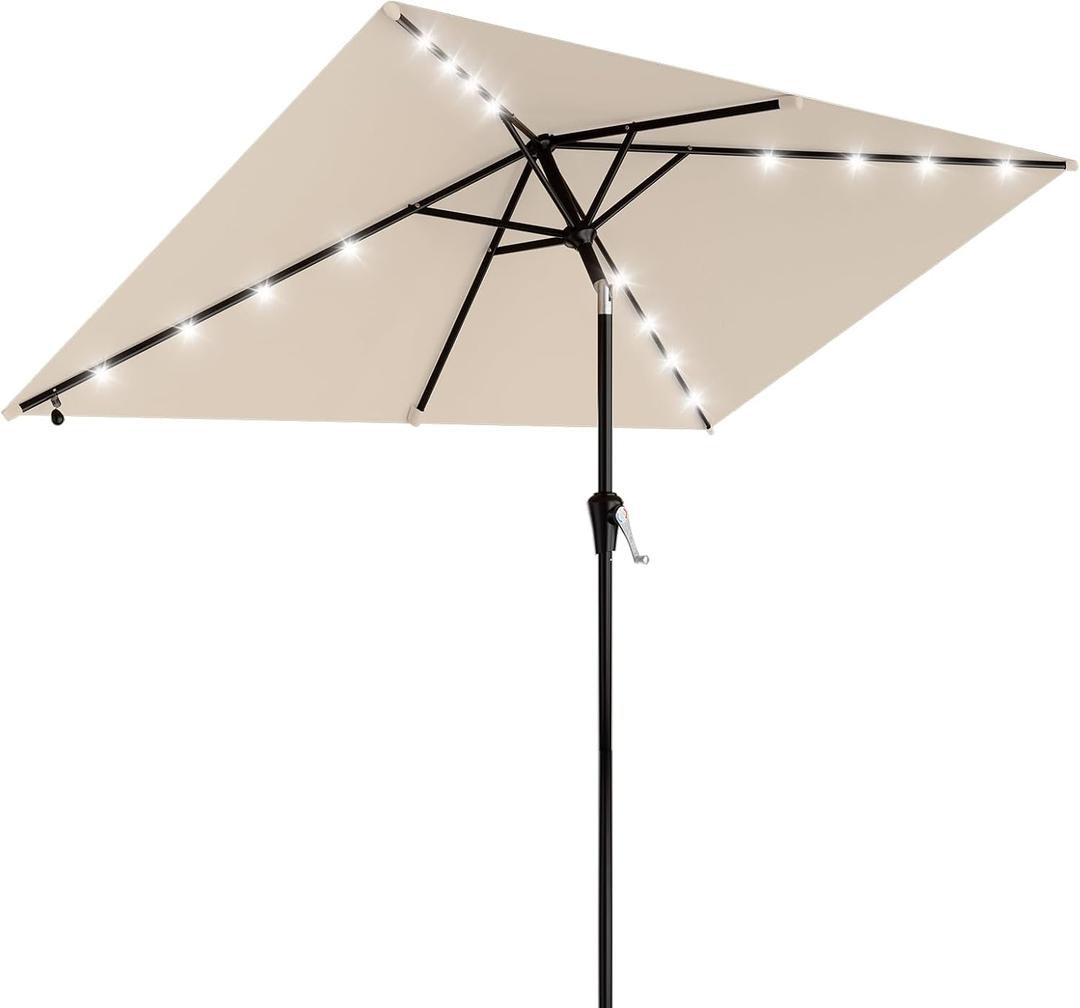 AreShark 6.5' x 10' Rectangular Patio Umbrella with Solar Lights, Solar Powered Lighted Market Umbrella w/Tilt and Crank, Outdoor Table Umbrella for Garden, Deck, Backyard, Pool, Cream-White