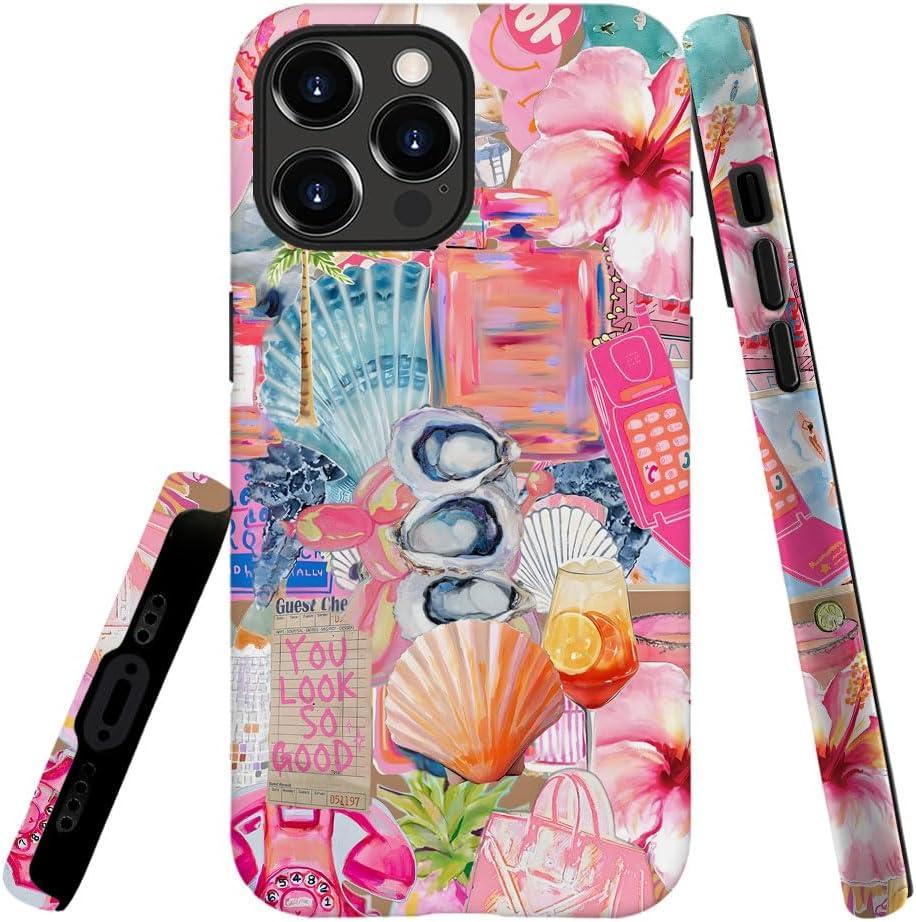 Compatible with iPhone 15 Pro Max,Durable & Shockproof Phone Case Cover Design - Aesthetic Flower Seashell Collage