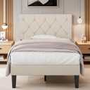 VECELO Twin Size Bed Frame with Button Tufted Headboard, Upholstered Platform Bedframe with Wood Slat Support, No Box Spring Needed, Dark Beige