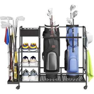 Lifewit Golf Bag Organizer, Golf Bag Stand, Golf Club Holder with Wheels, 4 Removable Hooks, Shoe Racks for Golf Equipment Accessories, Golf Organizers and Storage for Garage, Basement, Shed (Medium)
