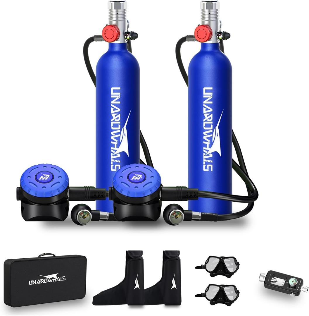 Scuba Tank with Extended Pressure Gauge, DOT/CE-EN250 Certification Lung Tank, 1L Diving Tank, 15-20 Minutes Underwater Exploration with Portable Mini Scuba Tank, 3000 Psi Max Pressure (D010C Blue)
