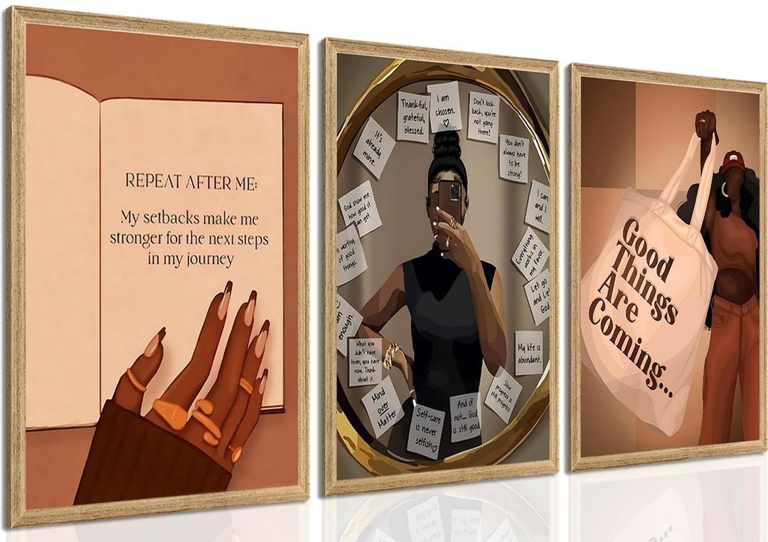 Yudinbin 3pcs Black Girl Poster African American Wall Art Decor Paintings Fashion Abstract Black Woman Poster Canvas Prints Pictures for Living Room Bedroom 12x16 inch Unframed
