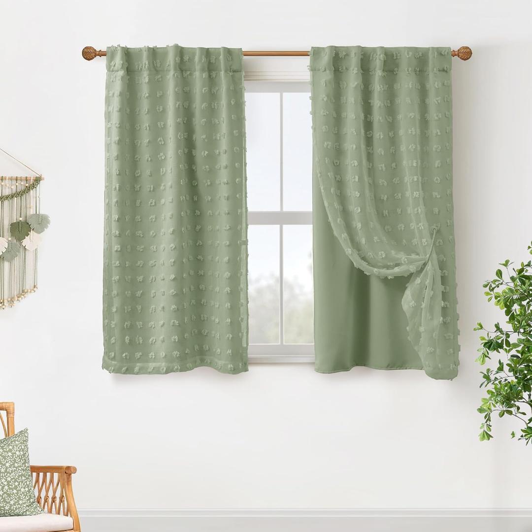 Back Tab Pom Pom Sage Green Curtains for Girls Room Bedroom Bathroom Nursery Curtains Double Layer 34x45 Inch Length