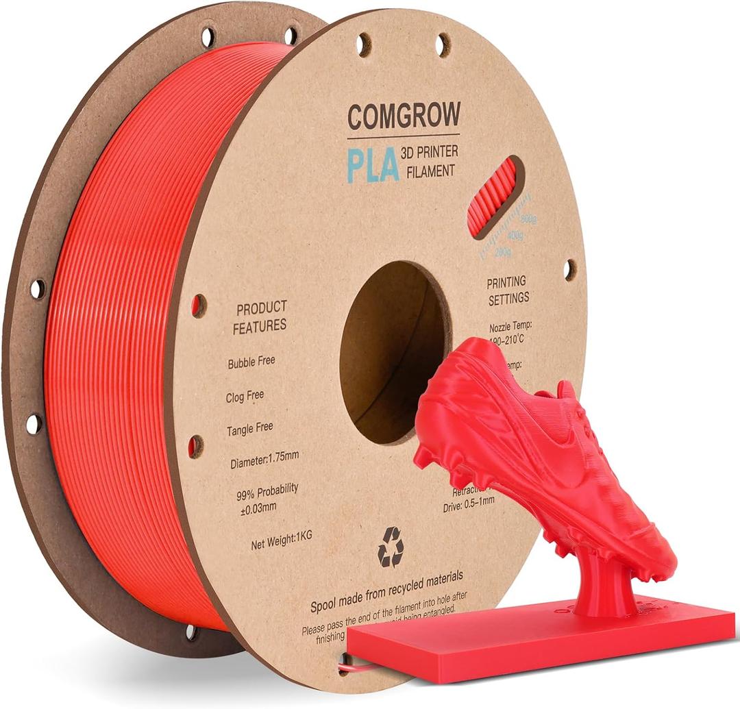 Comgrow PLA 3D Printer Filament, 3D Printer PLA Filament 1.75mm, Dimensional Accuracy +/- 0.02 mm, 1KG Spool PLA Red