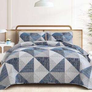 Dintszyayue King Size Quilt Blue, 3 Pieces Patchwork Bedspread Bedding for King Size Bed, Soft Lightweight Microfiber Geometric Coverlet Set for All Season Quilts with 2 Pillowcases