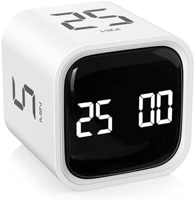 Rotating Pomodoro Timer 5, 25, 10 50 Minutes Preset, Desk Productivity Timer w/Gravity Sensor, Cube Timer for ADHD, Vibration/High/Low Volume/Custom Modes, for Work, Study, Back to School, White