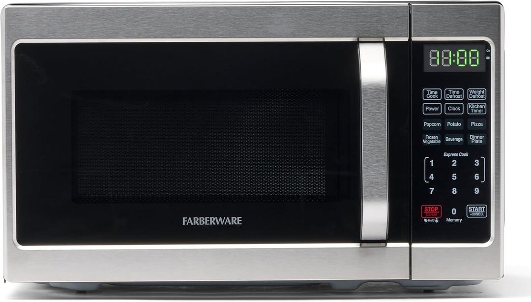 Farberware 0.7 Cu. Ft. Countertop Microwave Oven  700 Watts Power, Auto Cook Settings, Defrost, Easy Clean and Child Safety Lock - Stainless