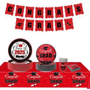 126PCS Graduation Party Decorations of Class 2025 - Including Disposable Paper Plates, Congratulation Banner, Tablecloth, Cups & Napkins for graduation party Supplies