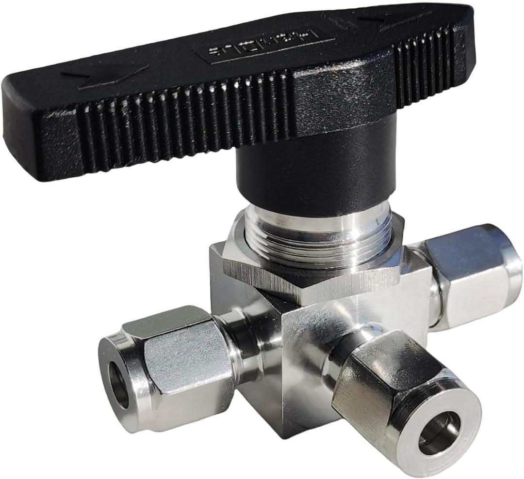 Stainless steel 3 way ball valve T port 1/4"" OD Compression Ferrule tube 360 Handle Panel Mount,Water Oil Gas