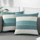 AmHoo Pack of 2 Farmhouse Stripe Check Throw Pillow Covers Set Case Cotton Linen Decorative Pillowcases Cushion Cover for Couch Bench Sofa 22x22Inch Teal Blue