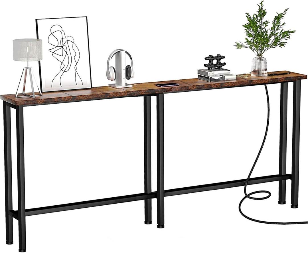 Keelian 70" Narrow Console Sofa Table - Power Outlets & 2 USB Ports, Metal Frame, Rustic Brown, Perfect for Hallway, Office, and Behind Sofa - Easy Assembly, 4.9' Extension Cord Included