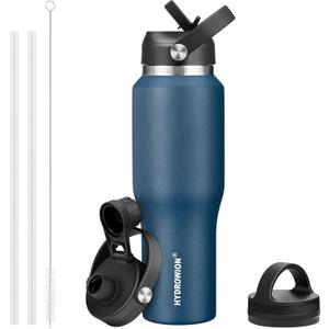 HYDROWION 32oz Stainless Steel Water Bottle(Cold for 48 Hrs, Hot for 24 Hrs), Double Wall Vacuum Insulated Water Flask with Straw Lid, Spout Lid and Flex Cap, Fit in Any Car Cup Holder, Cobalt