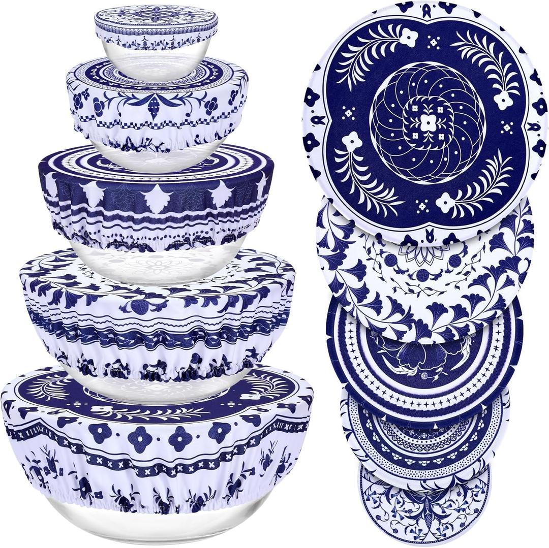 5 Pieces Bowl Covers Reusable, 5 Size Elastic Cloth Fabric Bowl Covers for Bread Proofing Stretch Food Covers Washable for Food Fruits Leftover (Blue)
