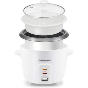 Elite Gourmet Electric Rice Cooker with Steam Tray and Non-Stick Inner Pot Makes Soups, Stews, Grains, Cereals, Keep Warm Feature, 6 Cups Cooked (3 Cups Uncooked), White