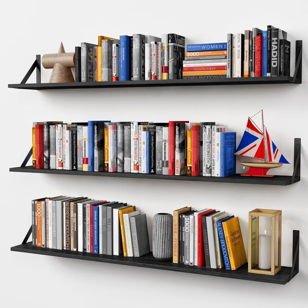 Forbena 48 Inch Long Floating Book Shelves for Wall Set of 3, Black Wall Bookshelves for Living Room, Large Heavy Duty Wood Wall Mounted Hanging Bookshelf for Bedroom Office Library Classroom