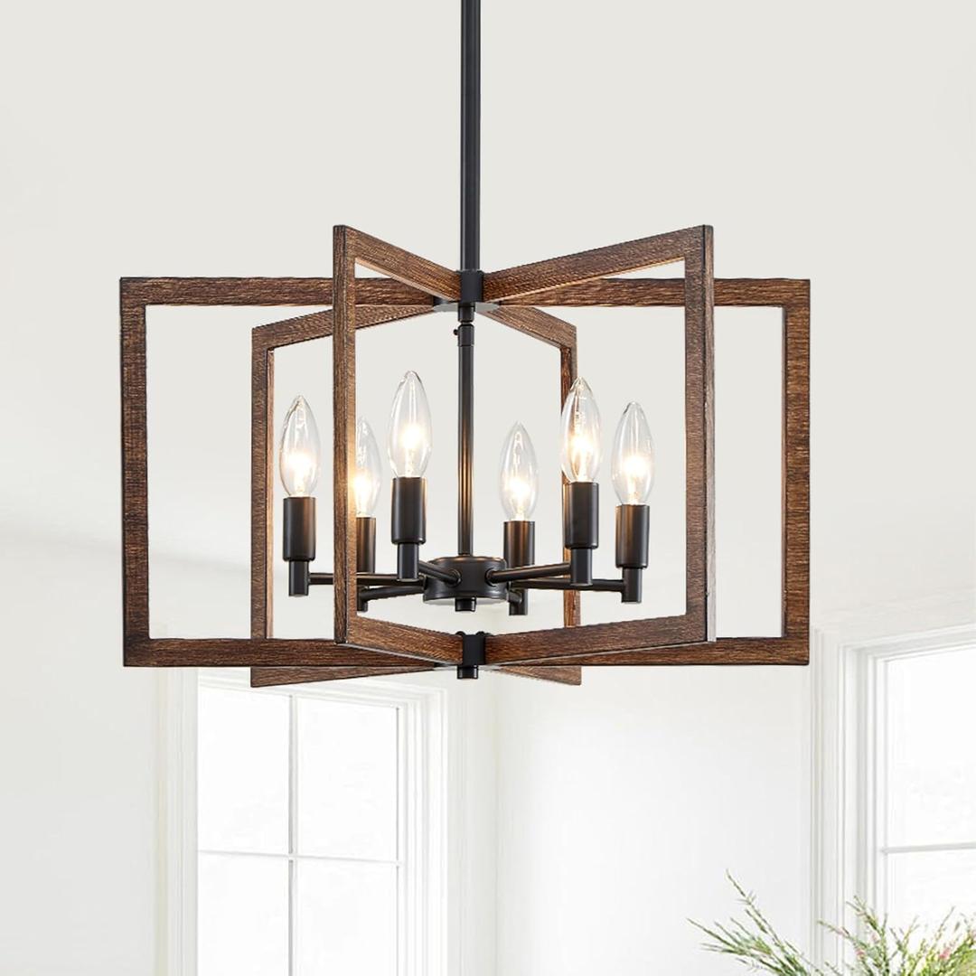 Modern Farmhouse Chandelier, 20'' Black and Wood Grain Dining Room Light Fixture, Geometric Pendant Light for Living Room Kitchen Bedroom Hallway, 6-Light Adjustable Hanging Lamp