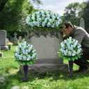 Wocst Cemetery Flowers for Grave,Headstone Flower Saddle with 2 Sets Grave Rose Flowers Bouquets with Vases for Cemetery Grave Decorations UV Resistant Non-Fading Easy Fit (Blue)