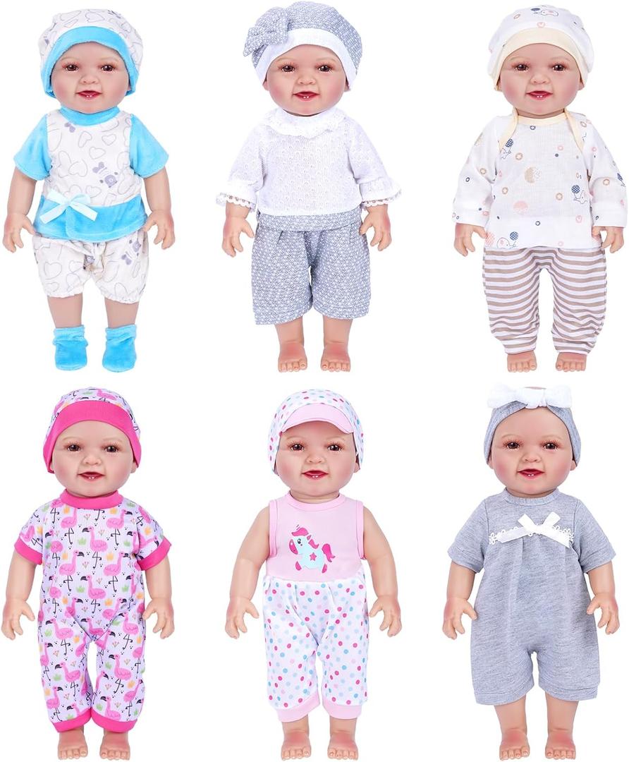 BABESIDE 6 Sets of Baby Doll Clothes for 12-15 Inch Babydolls, 14 Pcs Babydoll Clothes Set with Hat for Realistic Baby Doll Accessories Girl