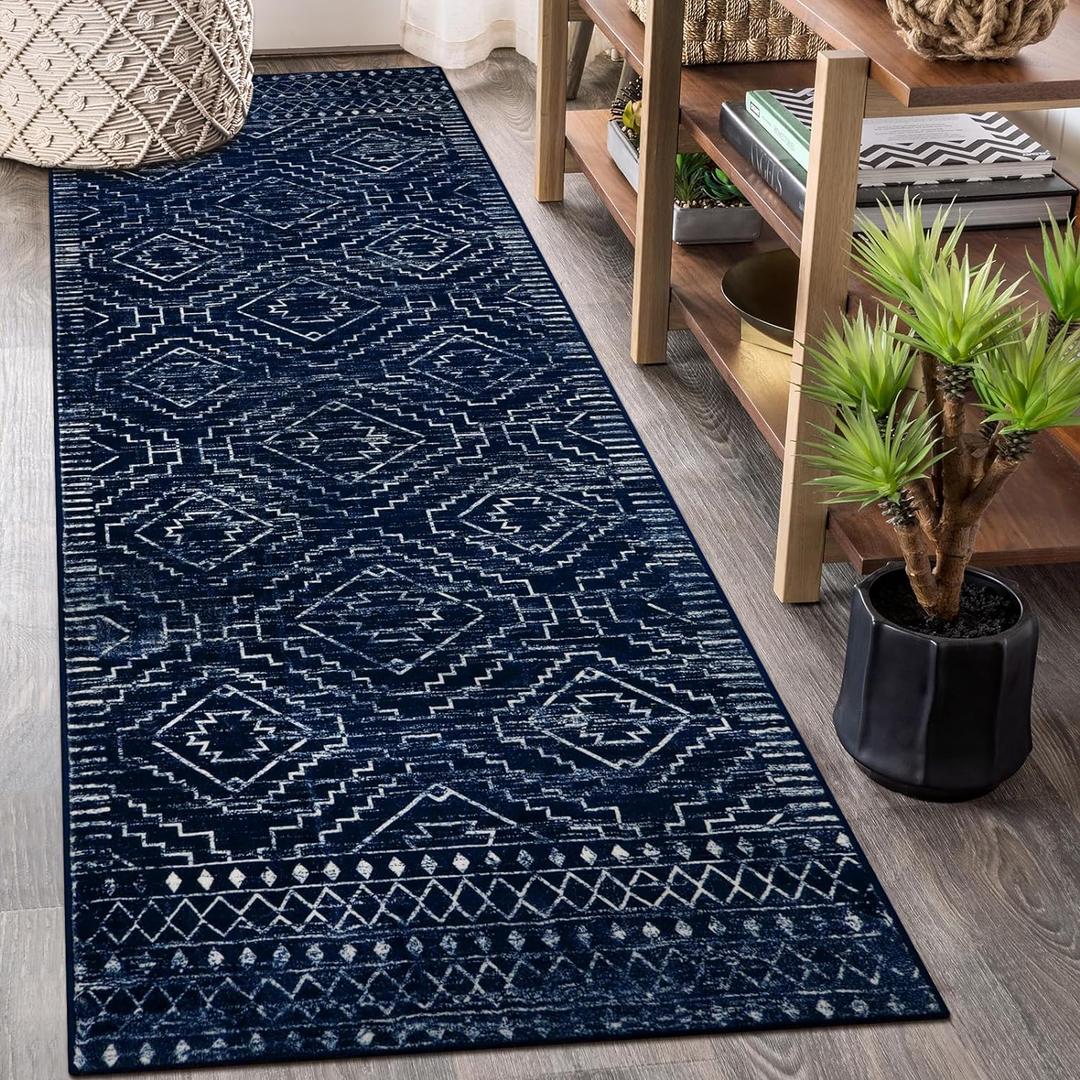 Wonnitar Washable Runner Rug for Kitchen, 2'6"x8' Moroccan Blue Hallway Carpet Runner, Non-Slip Long Geometric Rustic Entryway Floor Runner Soft Throw Mat for Bedroom Bathroom Closet (Blue,2'6"x8')