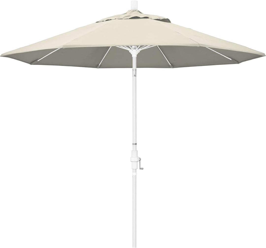 California Umbrella 9' Round Aluminum Pole Fiberglass Rib Market Umbrella, Crank Lift, Collar Tilt, White Pole, Antique Beige Olefin