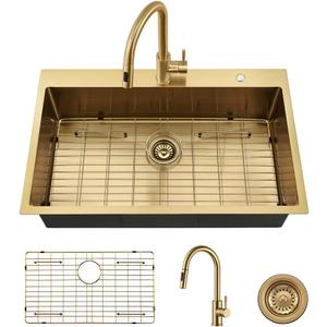 33 Inch Gold Drop In Kitchen Sink with Faucet Combo-VASOYO 33x22 Inch Gold Kitchen Sink with Faucet Combo Set Stainless Steel Deep Single Bowl Topmount Sinks and Faucets