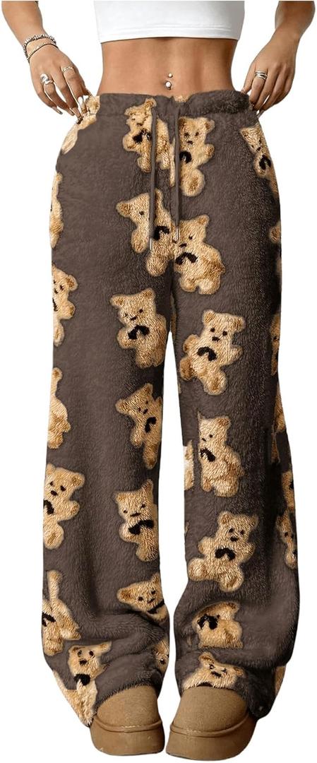 Verdusa Women's Fuzzy Plush Warm Pajama Pants Fleece Lounge Sleepwear Teddy Pj Bottoms Cozy Loungewear (Large, Brown)