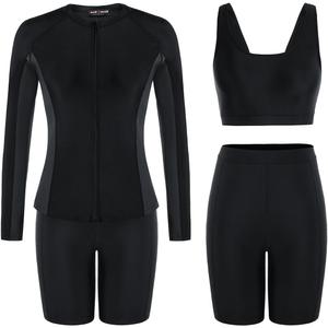 JACK SMITH Women's 3 Piece Long Sleeve Rash Guard Swimsuits Zip Front Bathing Suit Tankini Swimsuits UPF 50 (Black, M)
