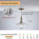 CVKASH Vintage Glass Pendant Light Fixture Brass Modern Adjustable Chandelier Farmhouse Hanging Light for Hallway Porch Kitchen Bedroom Coffee Shop Dining Room Island